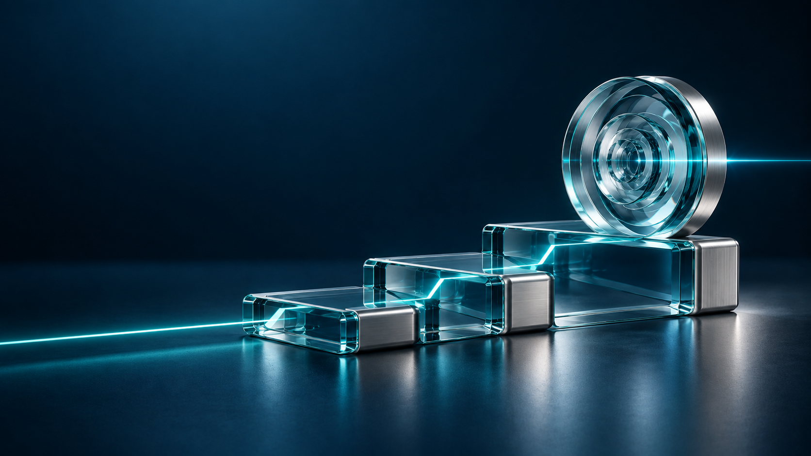 Elementos de vidro e metal em progressão até uma lente